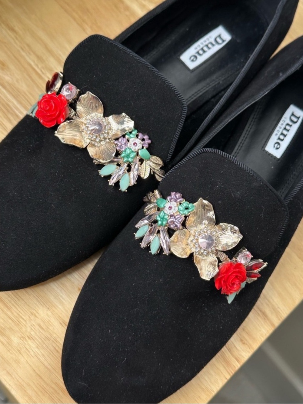 Dune London Black Suede Flats with Gold Floral Jewels and Red Roses